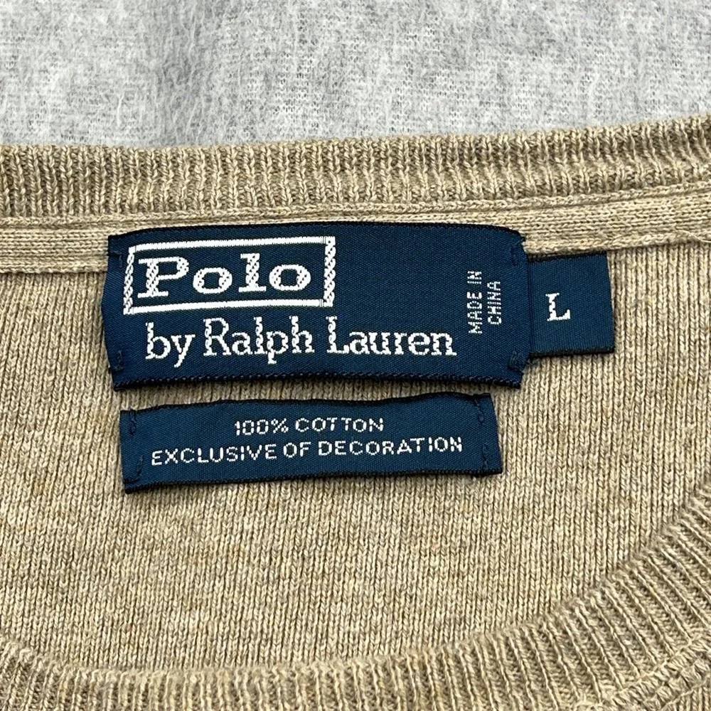 Polo‎ Ralph Lauren Sweater Men Large Tan Cotton Knit Crew Neck V-Notch Pony Logo